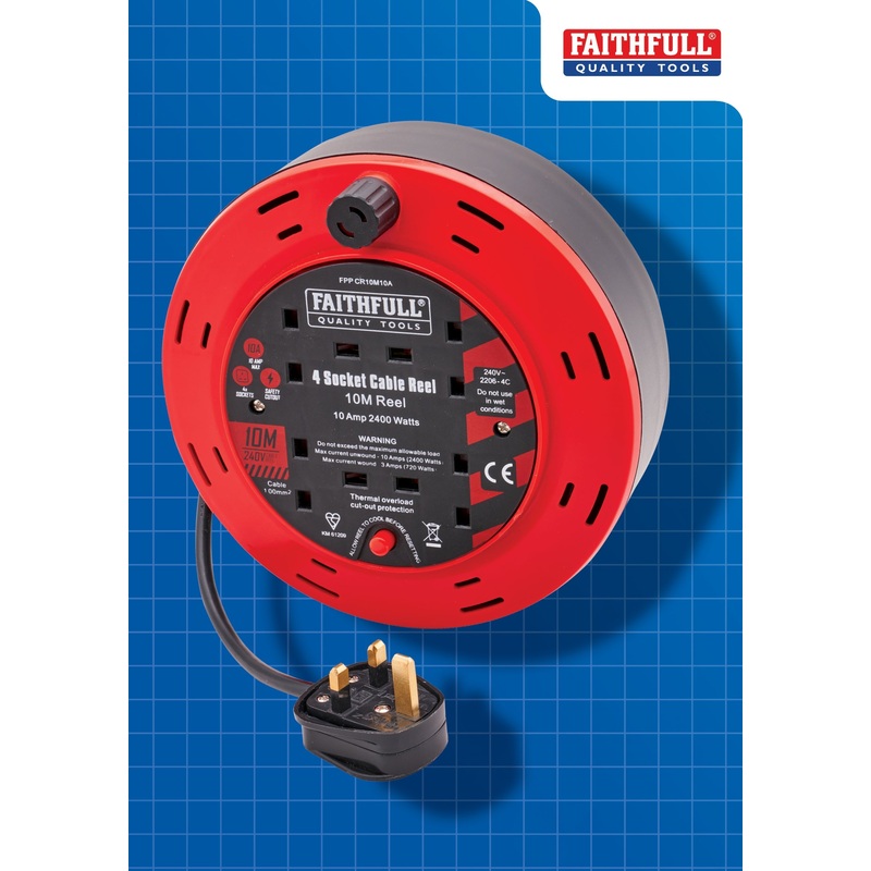Fai/Full Cable Reel 240v 10m 10a 4 Socket