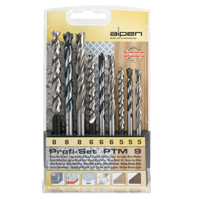 ALPEN 9 PCE SET WOOD.HSS SUPER AND MASONRY 5MM-6MM AND 8MM
